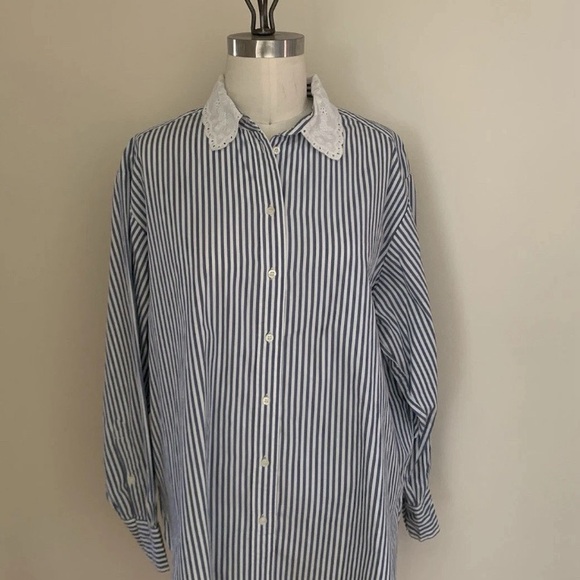 GAP x Doen Organic Cotton Eyelet Collar Big Shirt in Blue Stripe Oversize Sz S - Picture 2 of 6